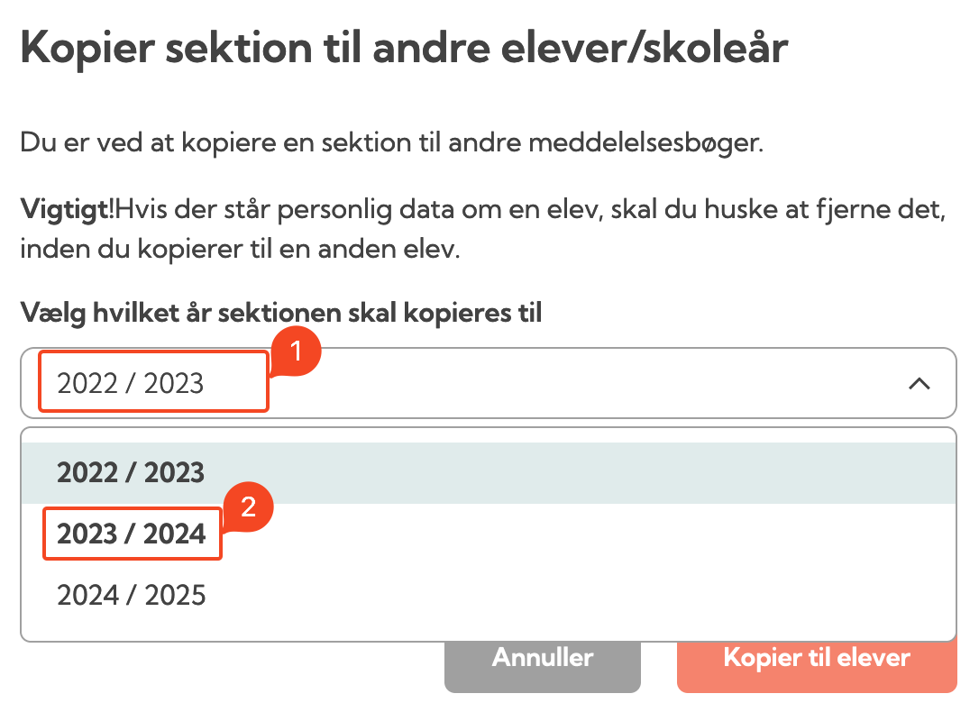Vælg skoleår at kopiere til