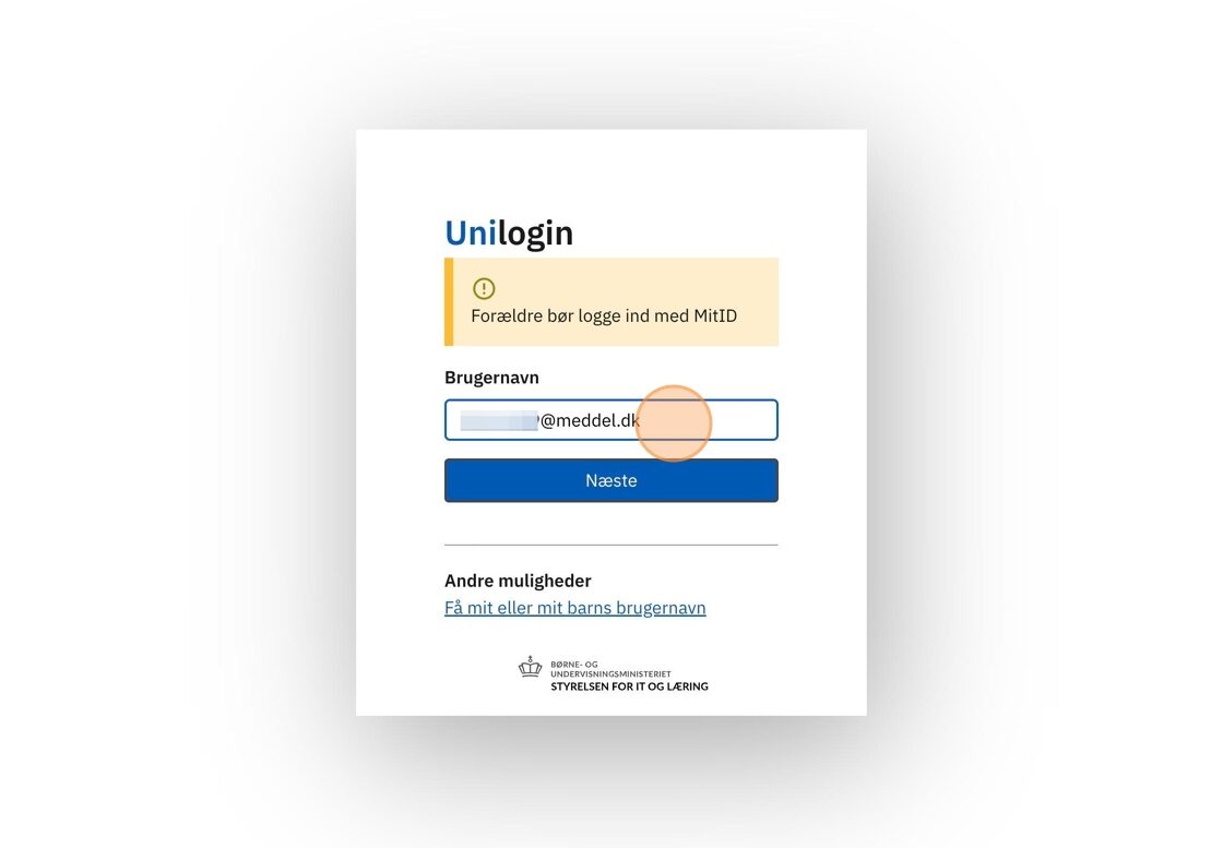 Feltet til brugernavn er markeret